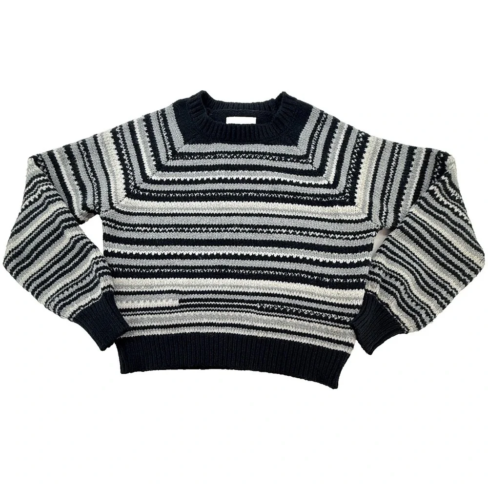 Lucky Brand Womens Striped Knit Sweater‎ Medium Black White Crewneck Textured